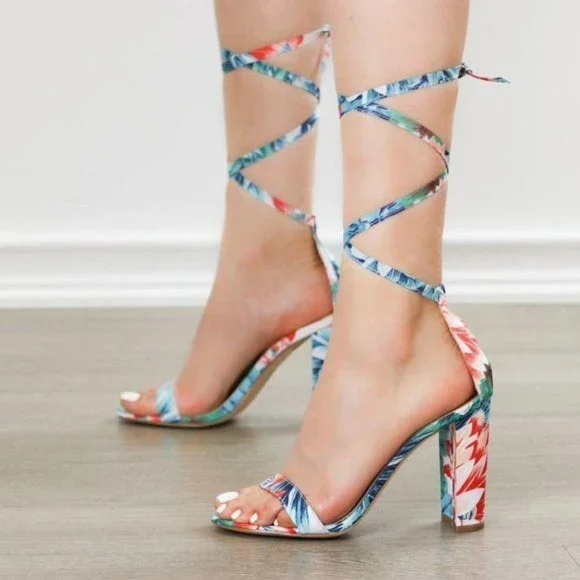 Blue Floral Laced-up Leg Tie, Ankle Strap High Heels Sandals - Picture 3 of 8
